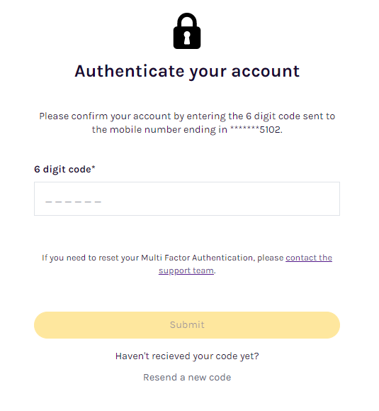 SMS verification code entry screen