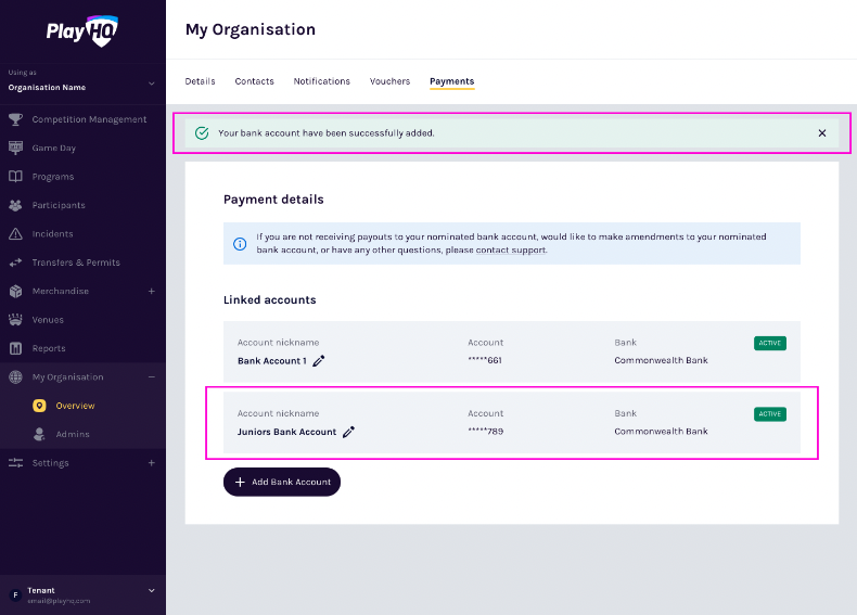 Add bank account button