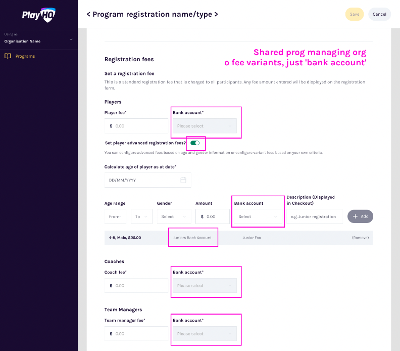 Registration form bank account selection