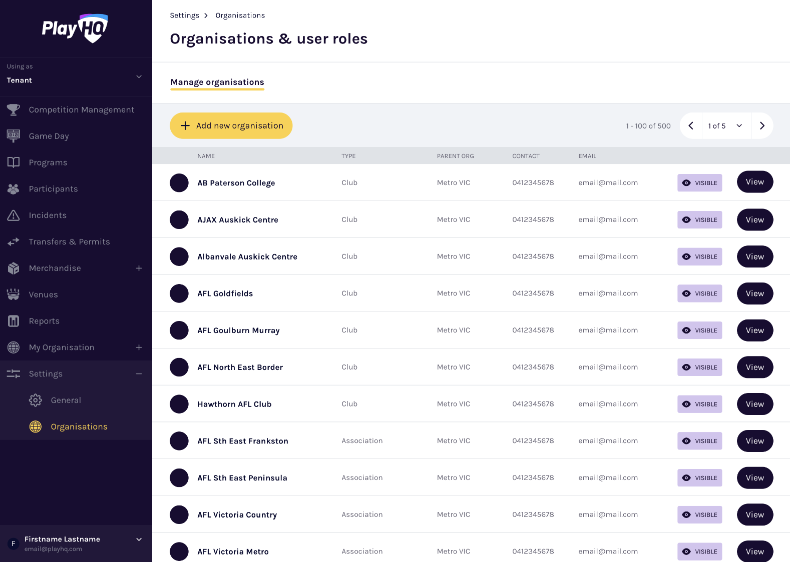 Select organisation screen
