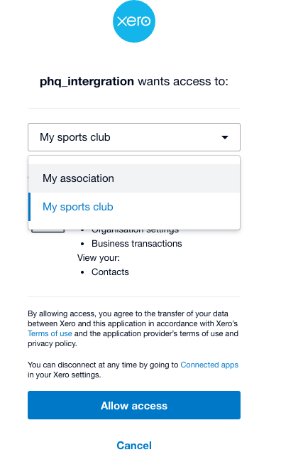 Xero organisation selection