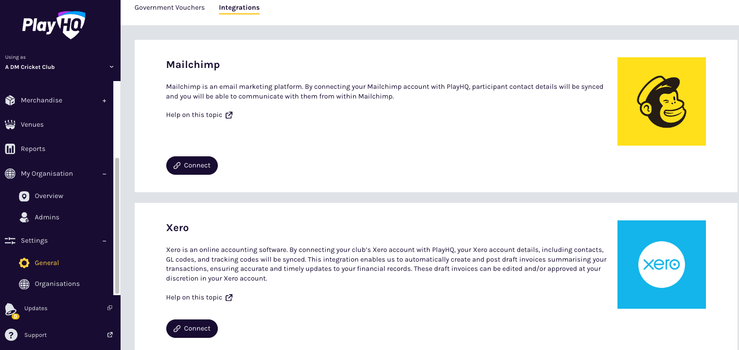 Xero integration connect button