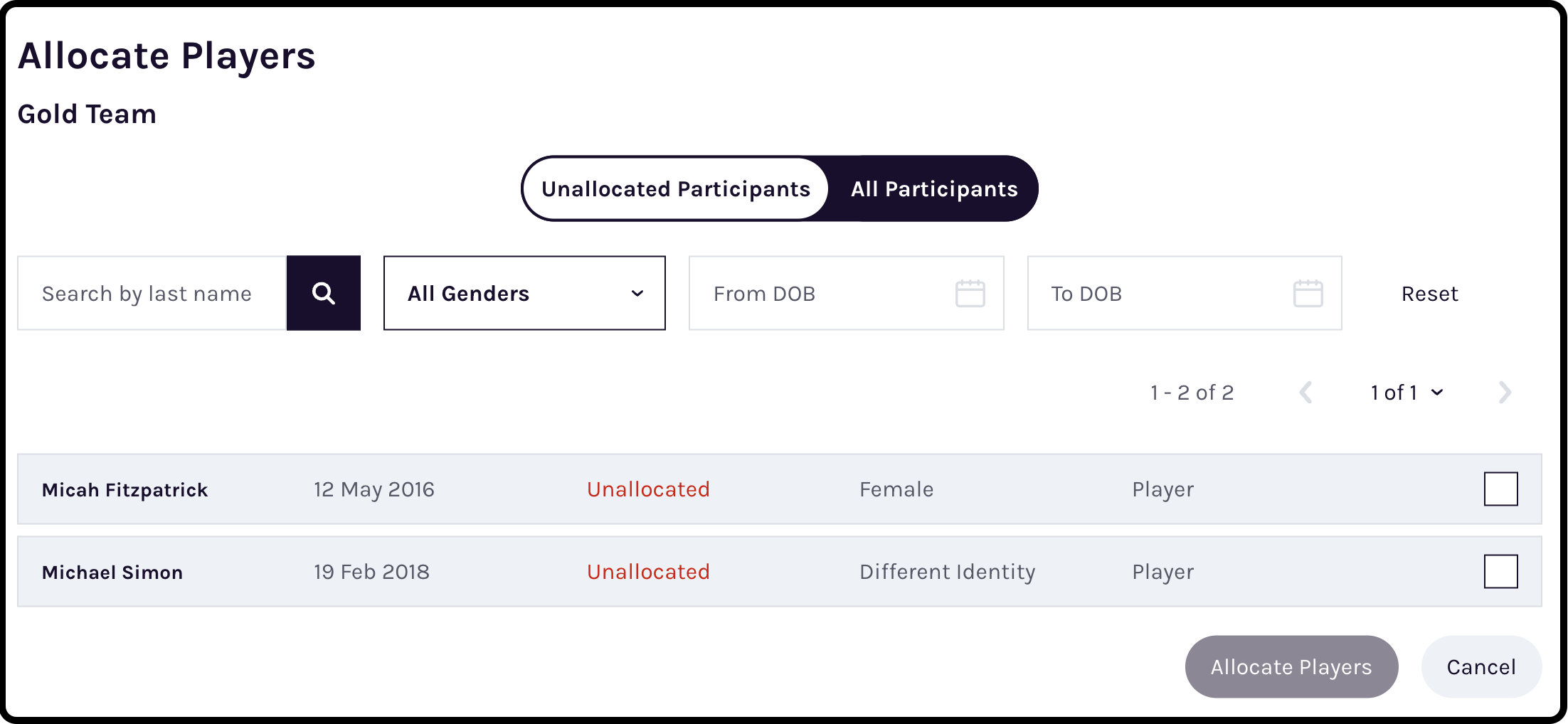 Filter options for allocating players to teams