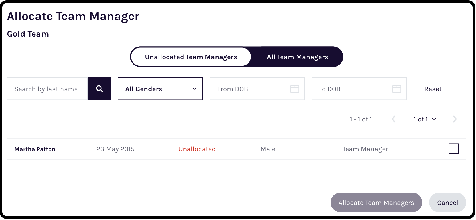 Team manager allocation screen