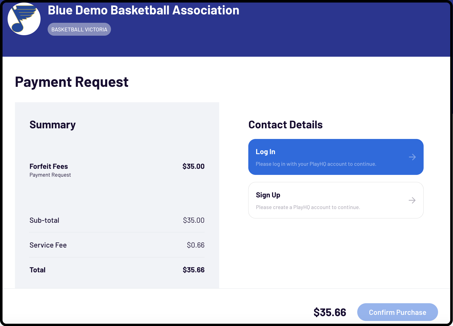 Payment request summary page showing payment details and total amount