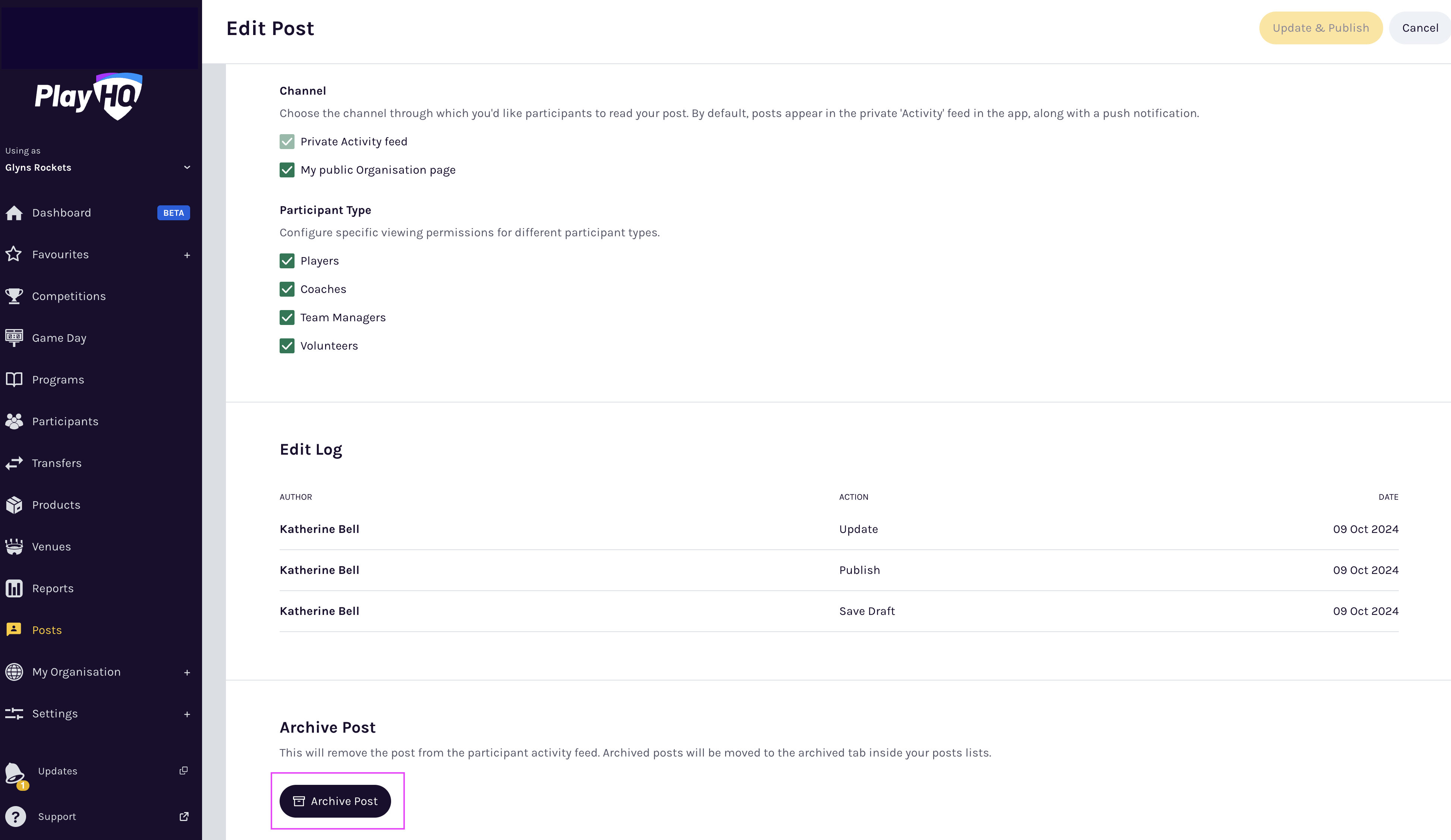 Archive button at bottom of post edit screen