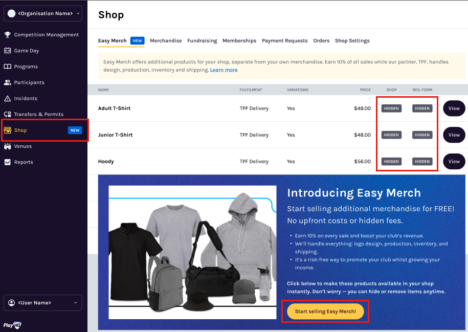 Easy Merch setup screen