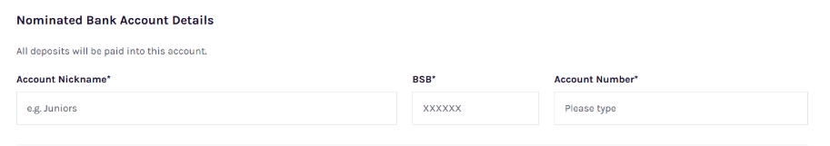 Bank account details form