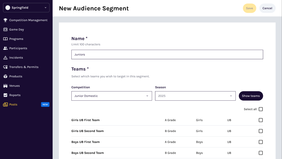 Clubs segment options