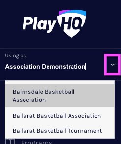 Organisation picker showing multiple organisations