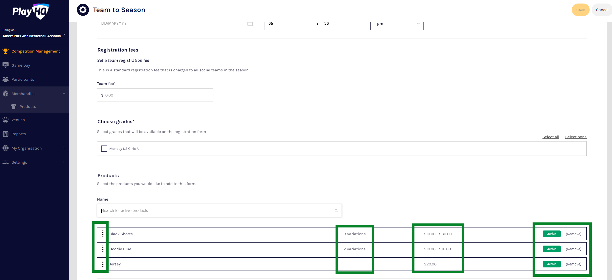 Managing products on registration forms
