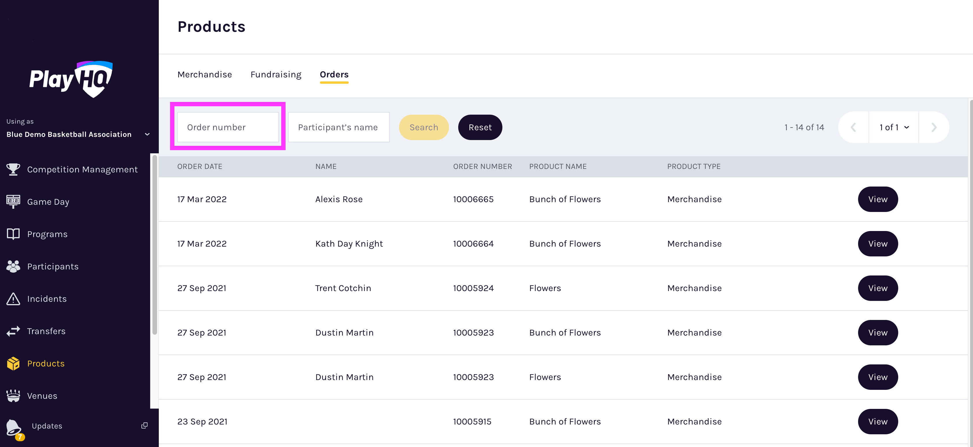 Order search feature