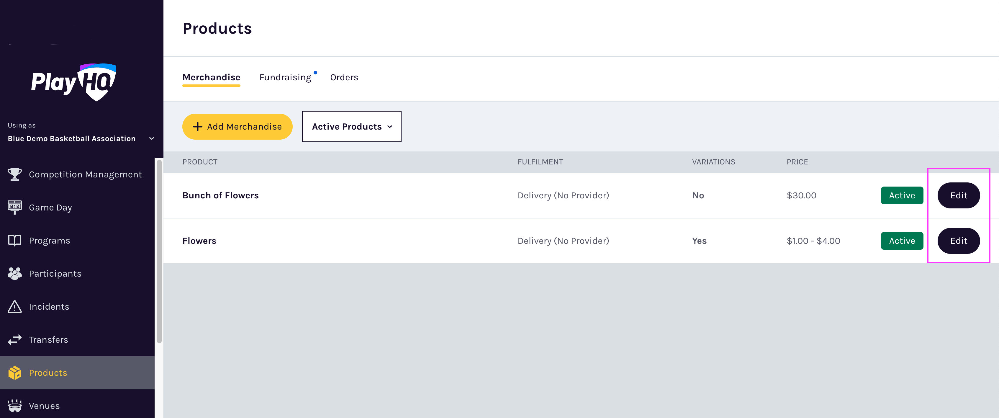Edit products screen