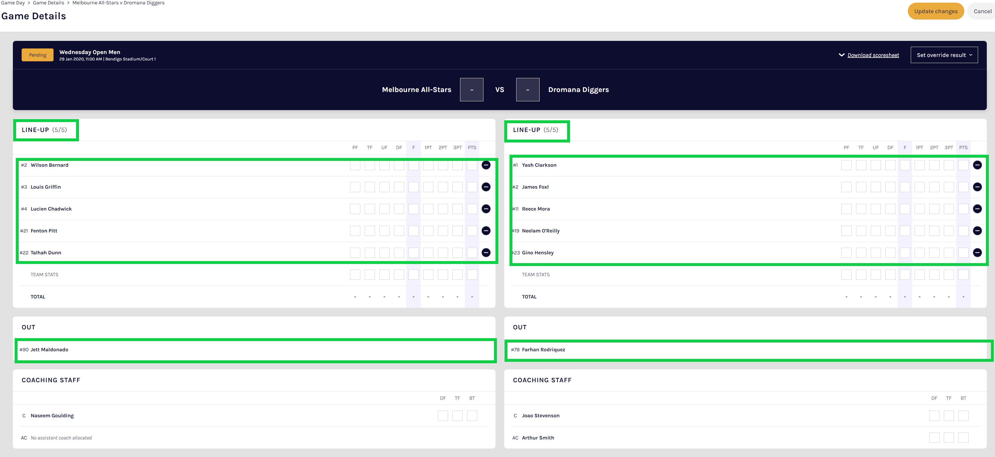 Player lists showing In and Out sections with + and - icons