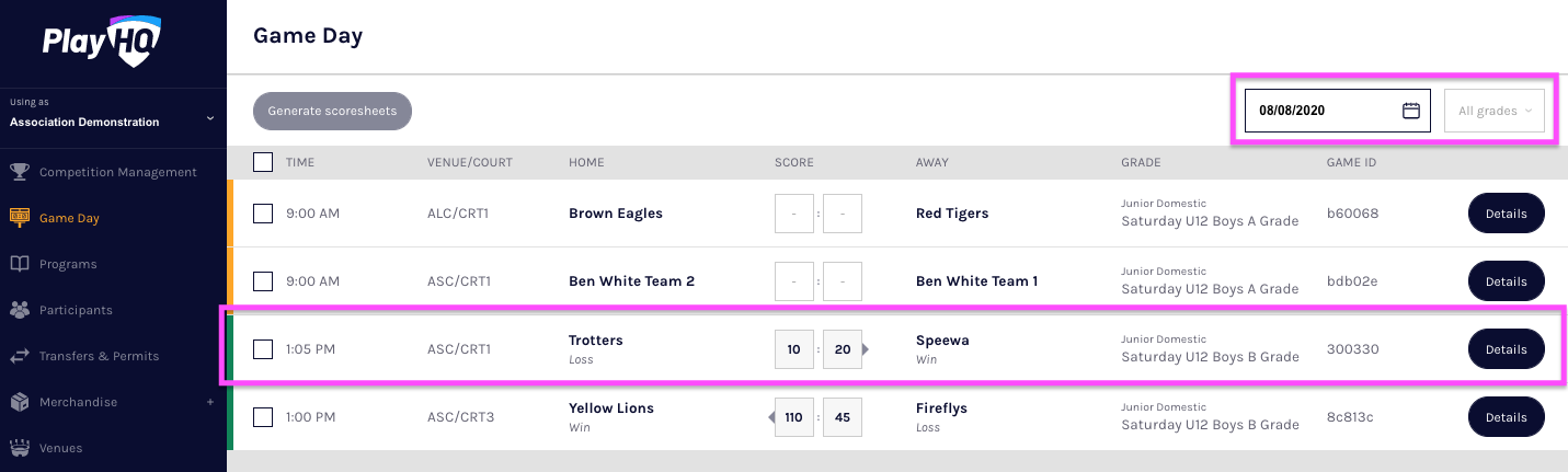Game Day view showing calendar and Details button