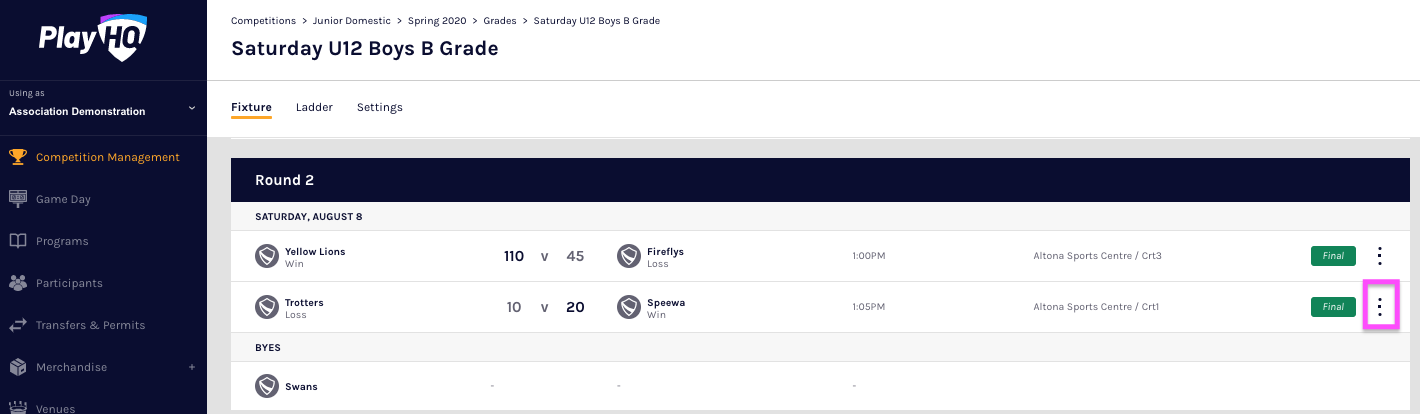 Competition fixture view