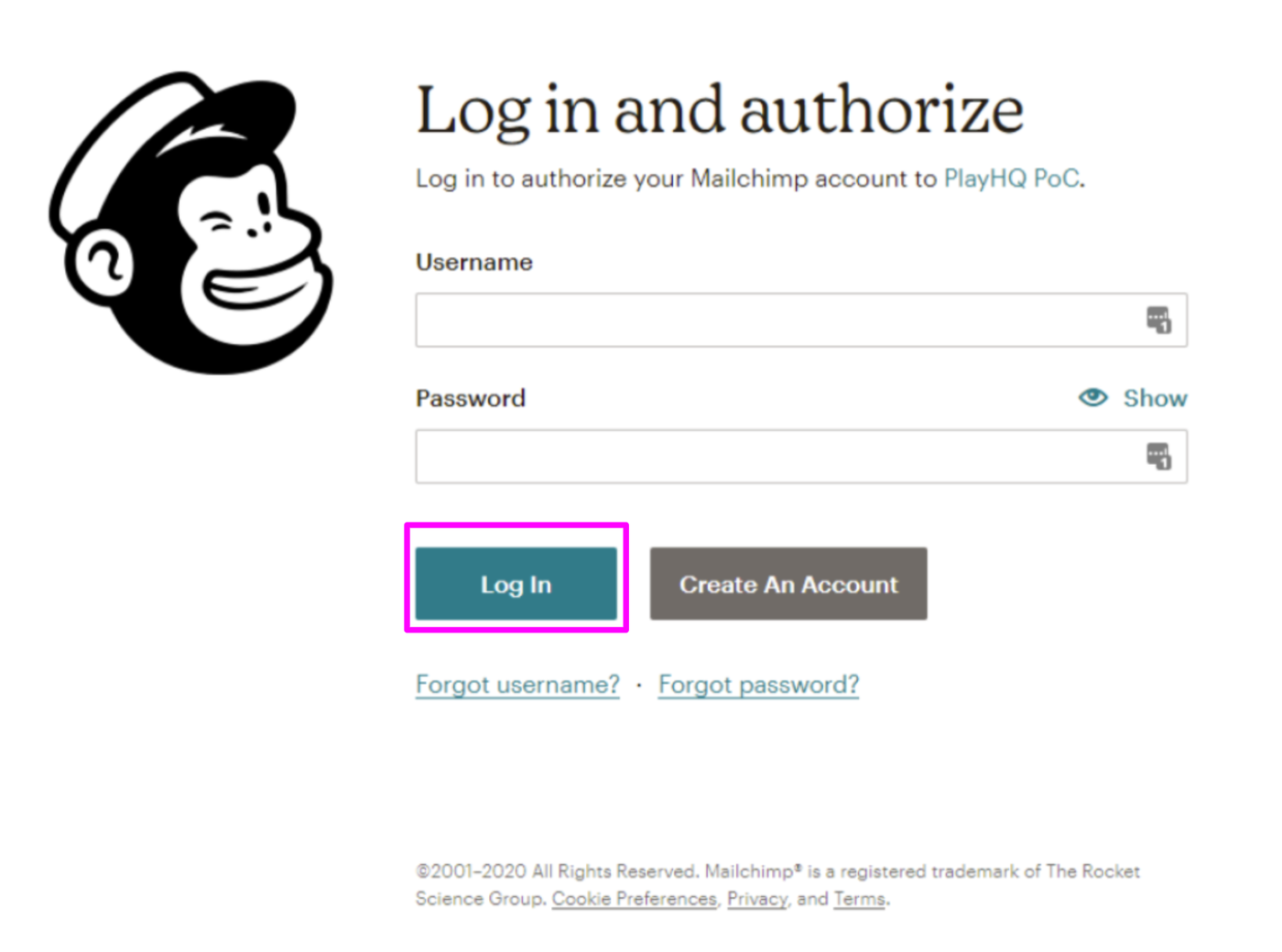 Mailchimp login screen