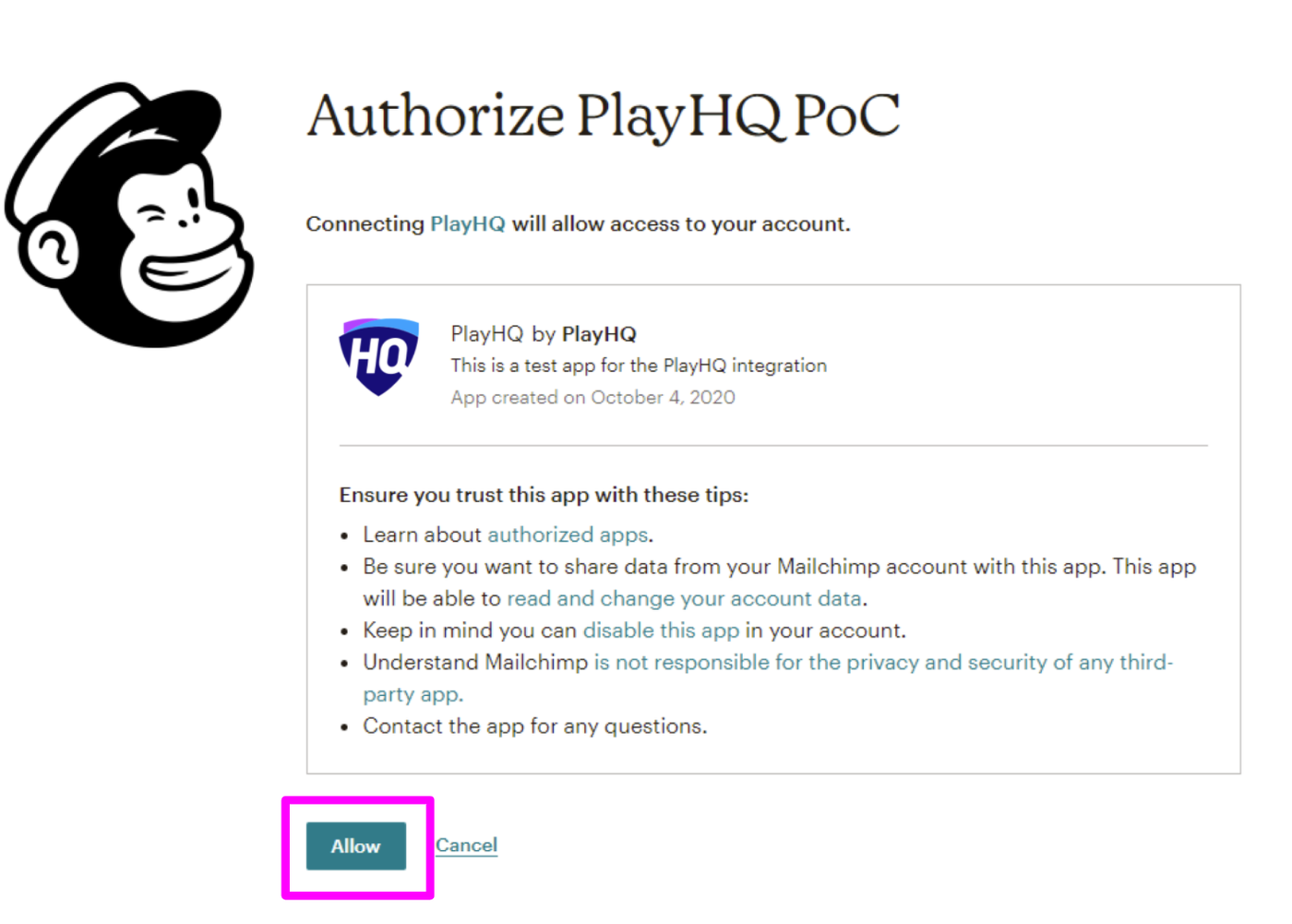 Mailchimp authorisation screen